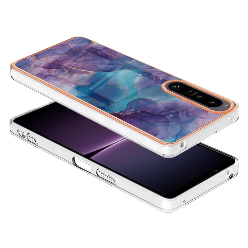 Electroplating Phone Case for Sony Xperia 1 IV 5G Anti-Drop TPU Cover YB IMD Series-16 Style E 2.0mm Marble Pattern IMD Back Case - Purple