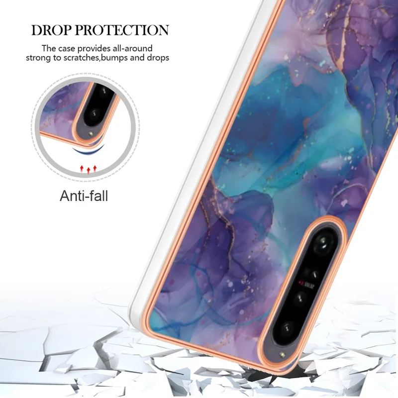 Electroplating Phone Case for Sony Xperia 1 IV 5G Anti-Drop TPU Cover YB IMD Series-16 Style E 2.0mm Marble Pattern IMD Back Case - Purple