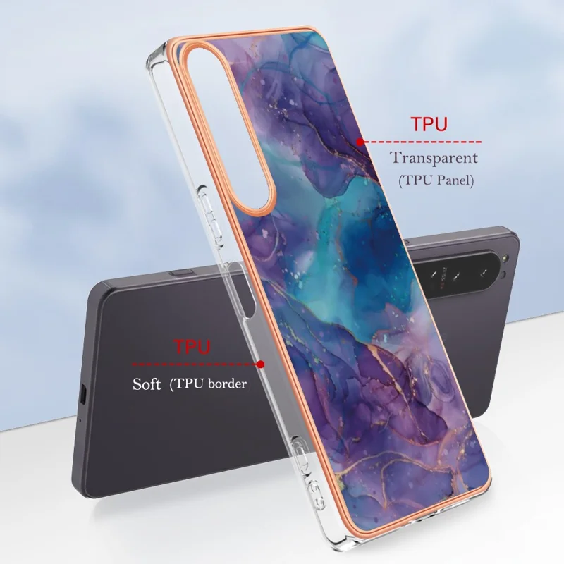 Electroplating Phone Case for Sony Xperia 1 IV 5G Anti-Drop TPU Cover YB IMD Series-16 Style E 2.0mm Marble Pattern IMD Back Case - Purple