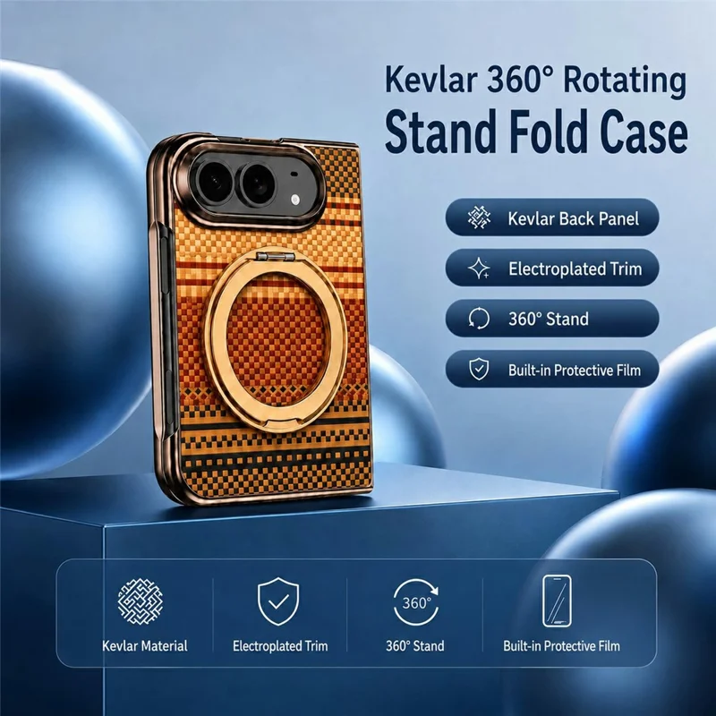 For iPhone Duo Case Magnetic Rotating Kickstand Aramid Fiber Texture Leather + PC Phone Cover with HD Screen Protector - Gold