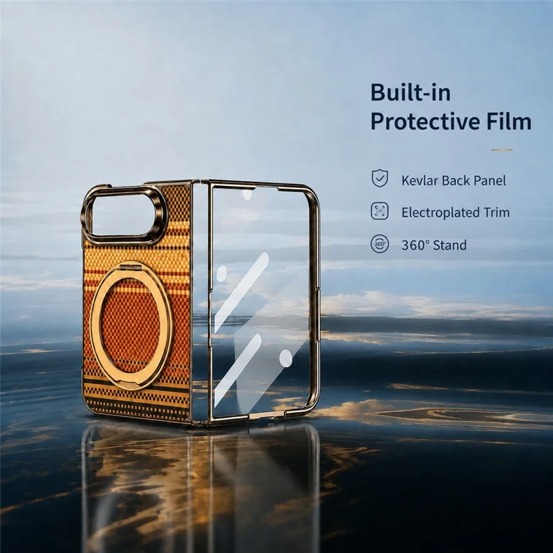 For iPhone Duo Case Magnetic Rotating Kickstand Aramid Fiber Texture Leather + PC Phone Cover with HD Screen Protector - Gold
