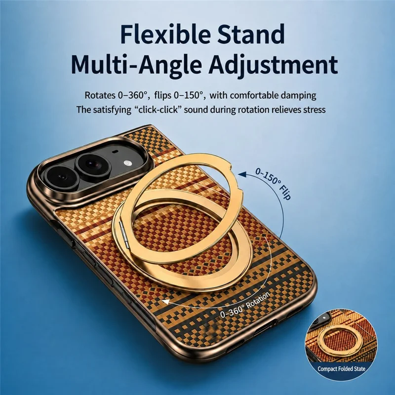 For iPhone Duo Case Magnetic Rotating Kickstand Aramid Fiber Texture Leather + PC Phone Cover with HD Screen Protector - Gold