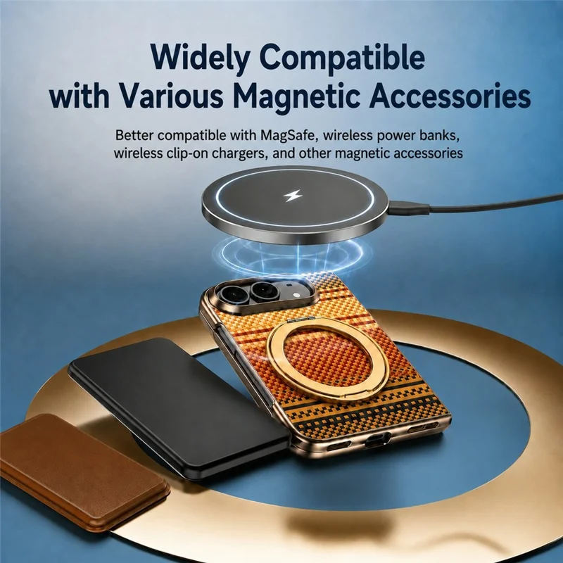 For iPhone Duo Case Magnetic Rotating Kickstand Aramid Fiber Texture Leather + PC Phone Cover with HD Screen Protector - Gold