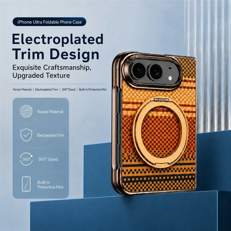 For iPhone Duo Case Magnetic Rotating Kickstand Aramid Fiber Texture Leather + PC Phone Cover with HD Screen Protector - Gold