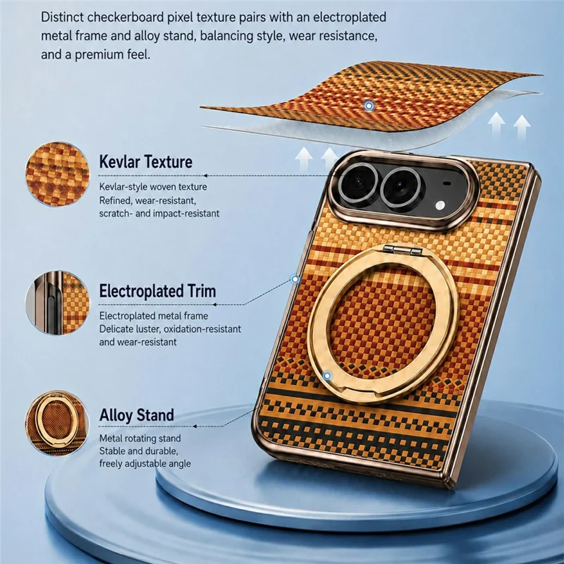 For iPhone Duo Case Magnetic Rotating Kickstand Aramid Fiber Texture Leather + PC Phone Cover with HD Screen Protector - Gold