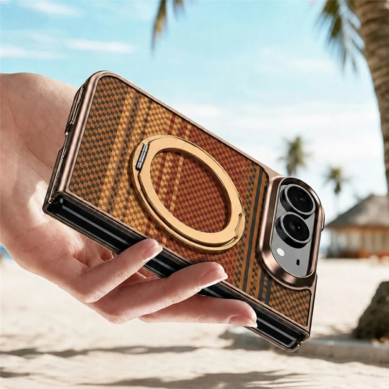 For iPhone Duo Case Magnetic Rotating Kickstand Aramid Fiber Texture Leather + PC Phone Cover with HD Screen Protector - Gold