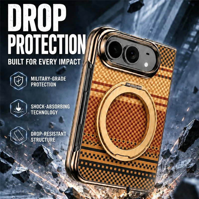 For iPhone Duo Case Magnetic Rotating Kickstand Aramid Fiber Texture Leather + PC Phone Cover with HD Screen Protector - Gold