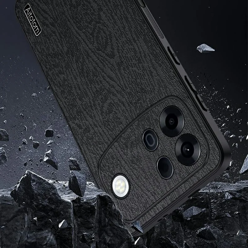For Oppo A7 Pro Max 5G Case Wood Texture PU Leather Coated PC TPU Phone Cover - Black