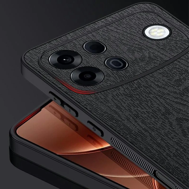 For Oppo A7 Pro Max 5G Case Wood Texture PU Leather Coated PC TPU Phone Cover - Black