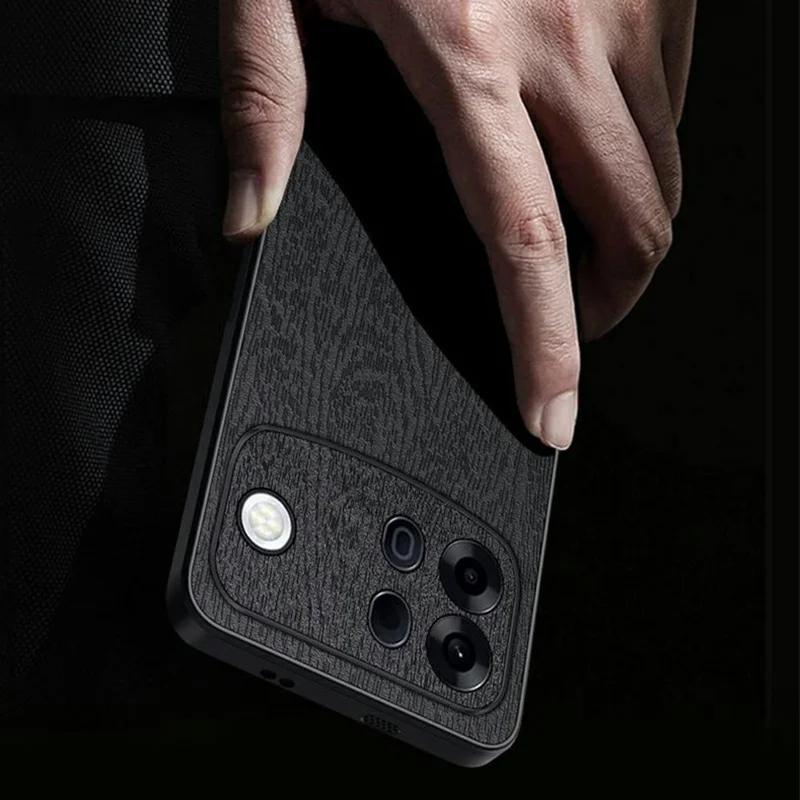 For Oppo A7 Pro Max 5G Case Wood Texture PU Leather Coated PC TPU Phone Cover - Black