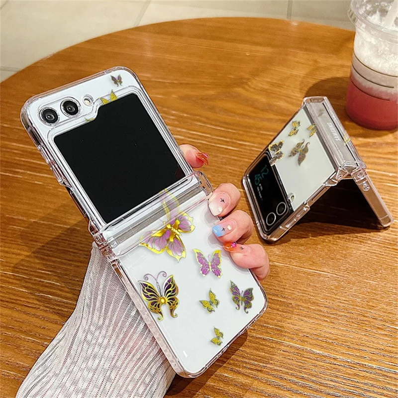 For Samsung Galaxy Z Flip8 Case Butterfly Pattern Hinge Protection Transparent PC Phone Cover - A211