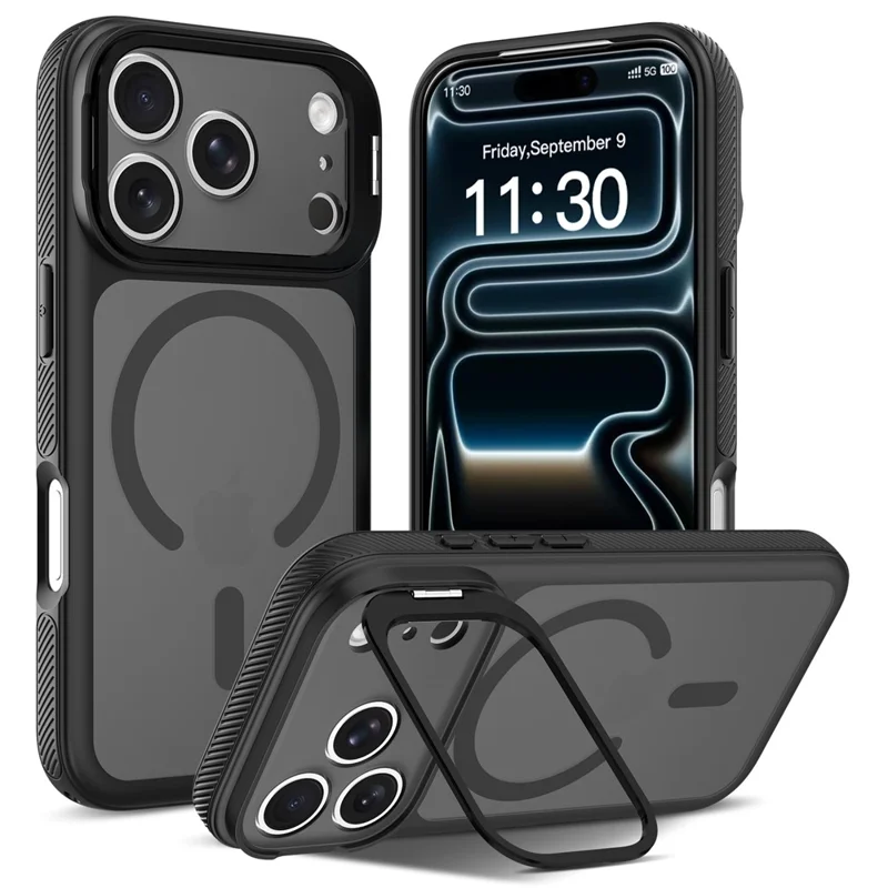 For iPhone 18 Pro Max / 17 Pro Max Magnetic Case Camera Lens Frame Kickstand PC + TPU Phone Cover - Black