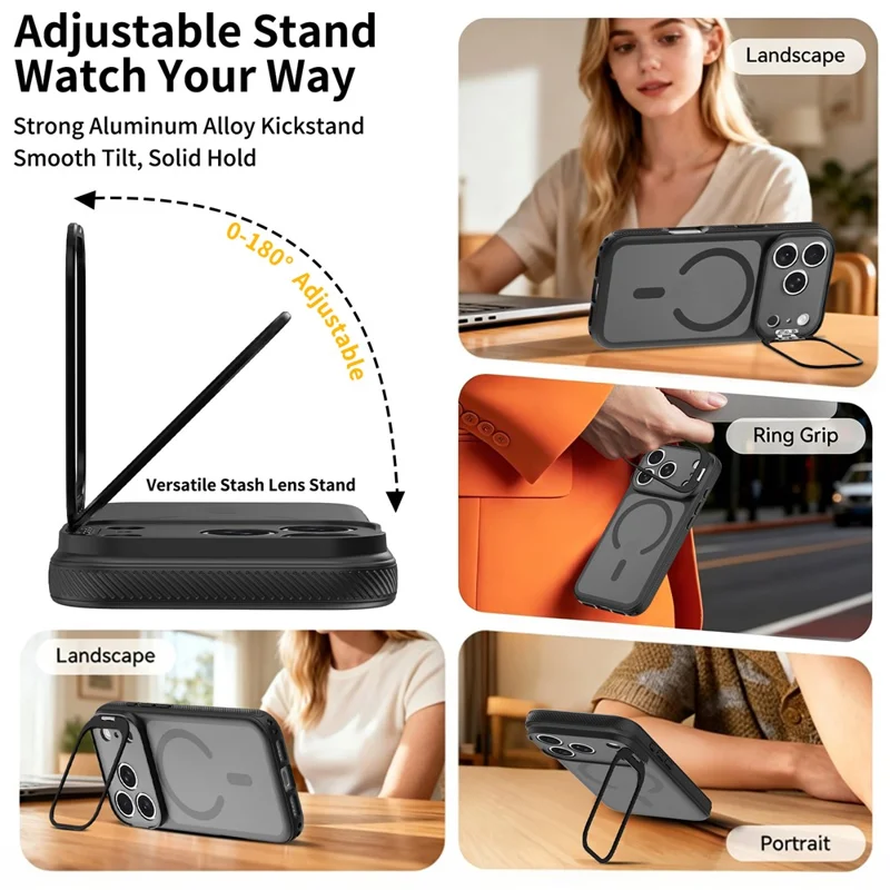 For iPhone 18 Pro Max / 17 Pro Max Magnetic Case Camera Lens Frame Kickstand PC + TPU Phone Cover - Black