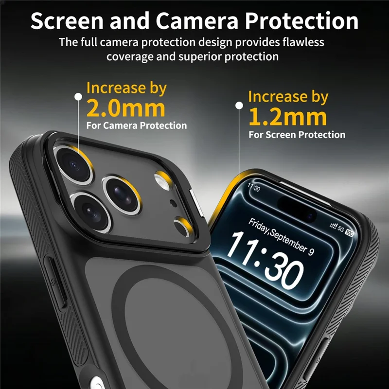 For iPhone 18 Pro Max / 17 Pro Max Magnetic Case Camera Lens Frame Kickstand PC + TPU Phone Cover - Black
