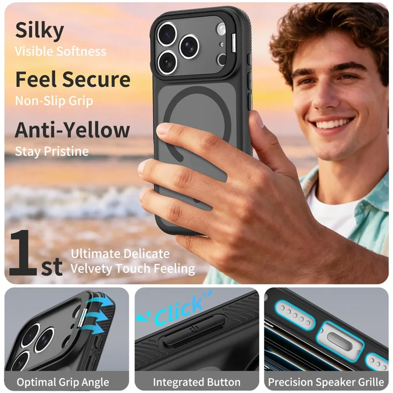 For iPhone 18 Pro Max / 17 Pro Max Magnetic Case Camera Lens Frame Kickstand PC + TPU Phone Cover - Black