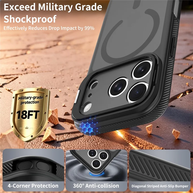 For iPhone 18 Pro Max / 17 Pro Max Magnetic Case Camera Lens Frame Kickstand PC + TPU Phone Cover - Black