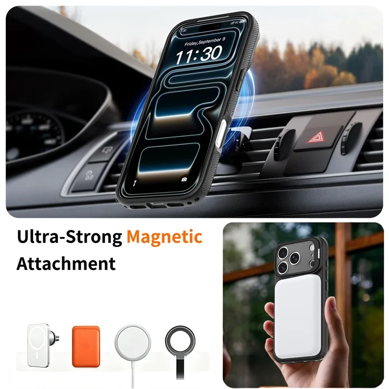 For iPhone 18 Pro Max / 17 Pro Max Magnetic Case Camera Lens Frame Kickstand PC + TPU Phone Cover - Black