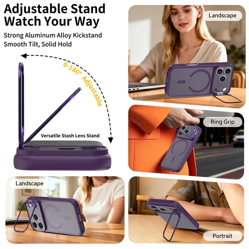 Custodia Magnetica per iPhone 18 Pro Max / 17 Pro Max con Cornice Obiettivo Fotocamera e Supporto Integrato Cover in PC + TPU - Viola