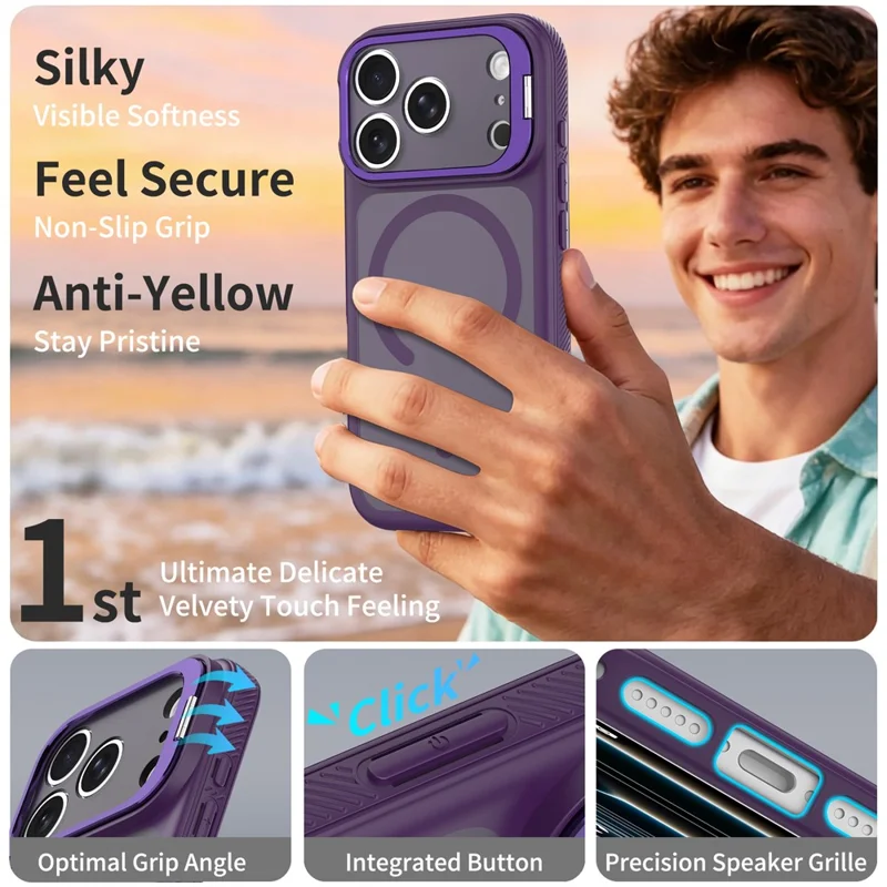 Custodia Magnetica per iPhone 18 Pro Max / 17 Pro Max con Cornice Obiettivo Fotocamera e Supporto Integrato Cover in PC + TPU - Viola
