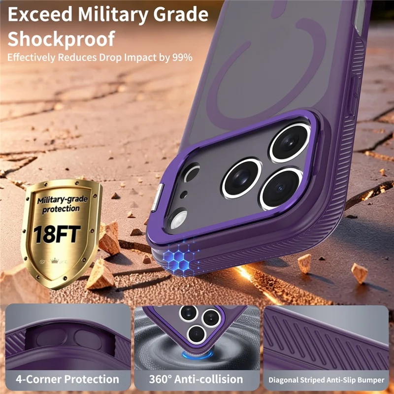 Custodia Magnetica per iPhone 18 Pro Max / 17 Pro Max con Cornice Obiettivo Fotocamera e Supporto Integrato Cover in PC + TPU - Viola