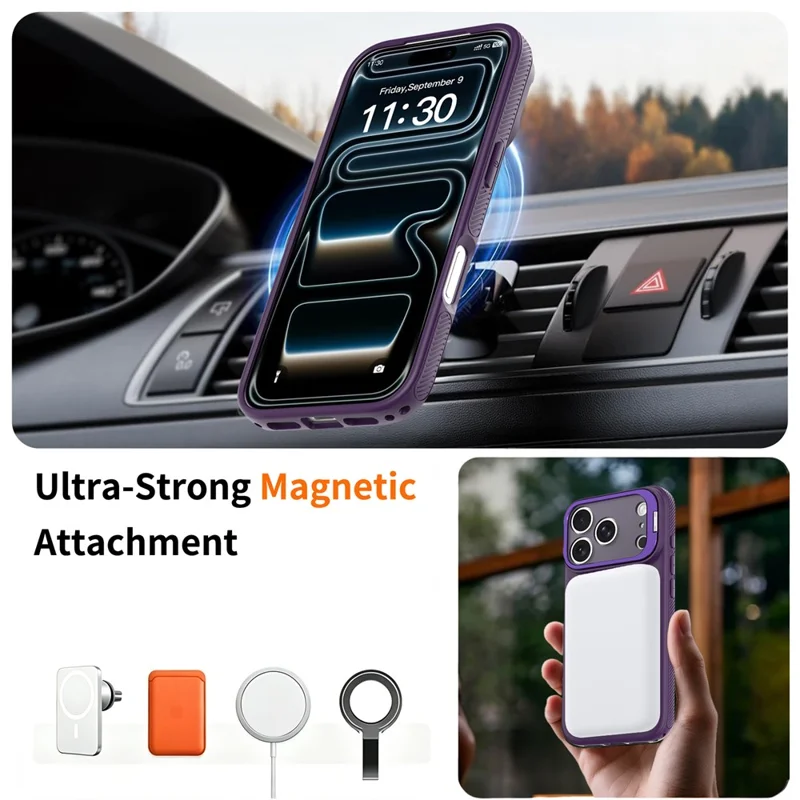 Custodia Magnetica per iPhone 18 Pro Max / 17 Pro Max con Cornice Obiettivo Fotocamera e Supporto Integrato Cover in PC + TPU - Viola