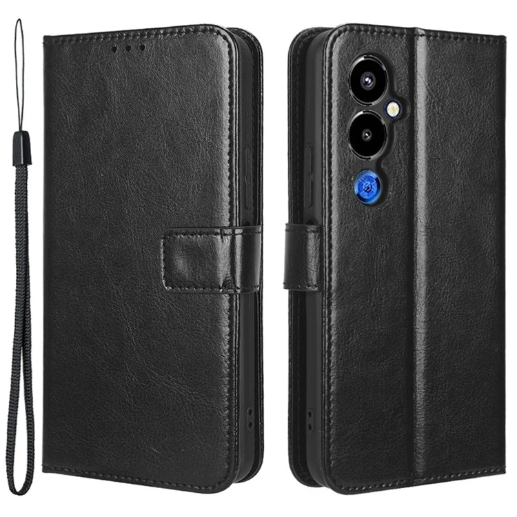 Para Tecno Pova 4 Pro 4G Lg8n Cray Horse Textura PU PU Catadela de Catura de Catura Magnética Função Função Funcional Tape Com Strap - Preto