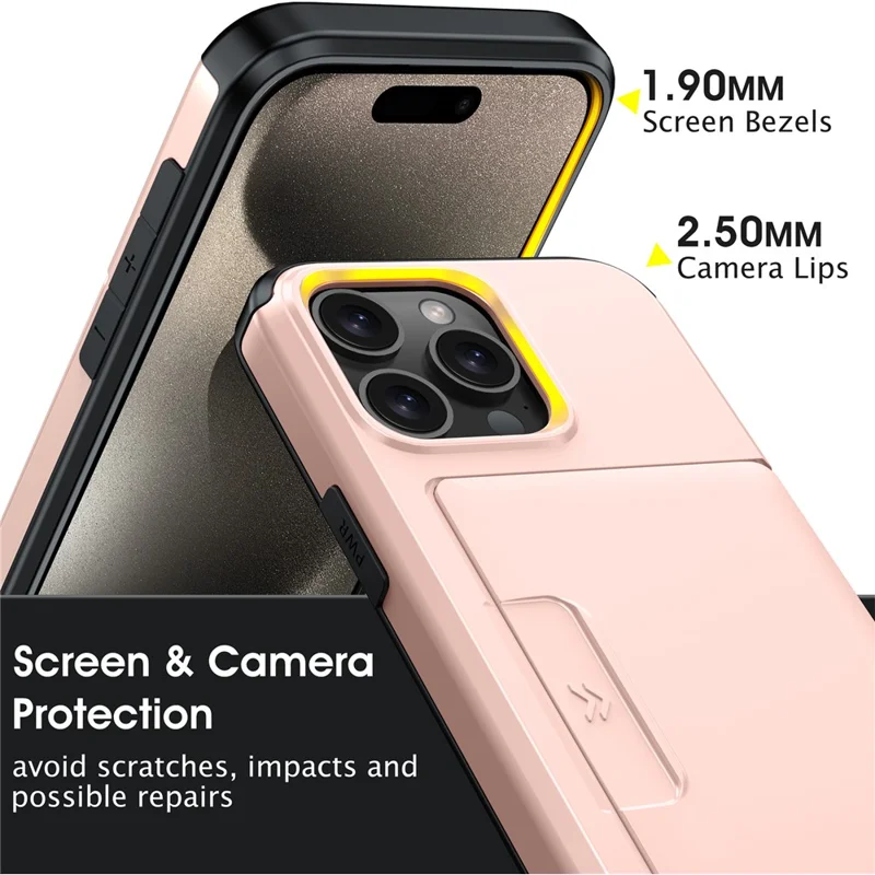 For iPhone 15 Pro Max Case Slide Card Holder Military Drop Protection PC + TPU Phone Cover - Rose Gold