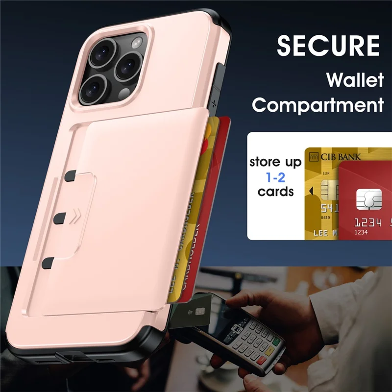 For iPhone 15 Pro Max Case Slide Card Holder Military Drop Protection PC + TPU Phone Cover - Rose Gold