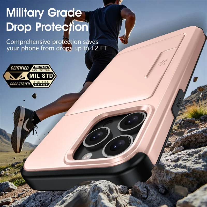 For iPhone 15 Pro Max Case Slide Card Holder Military Drop Protection PC + TPU Phone Cover - Rose Gold