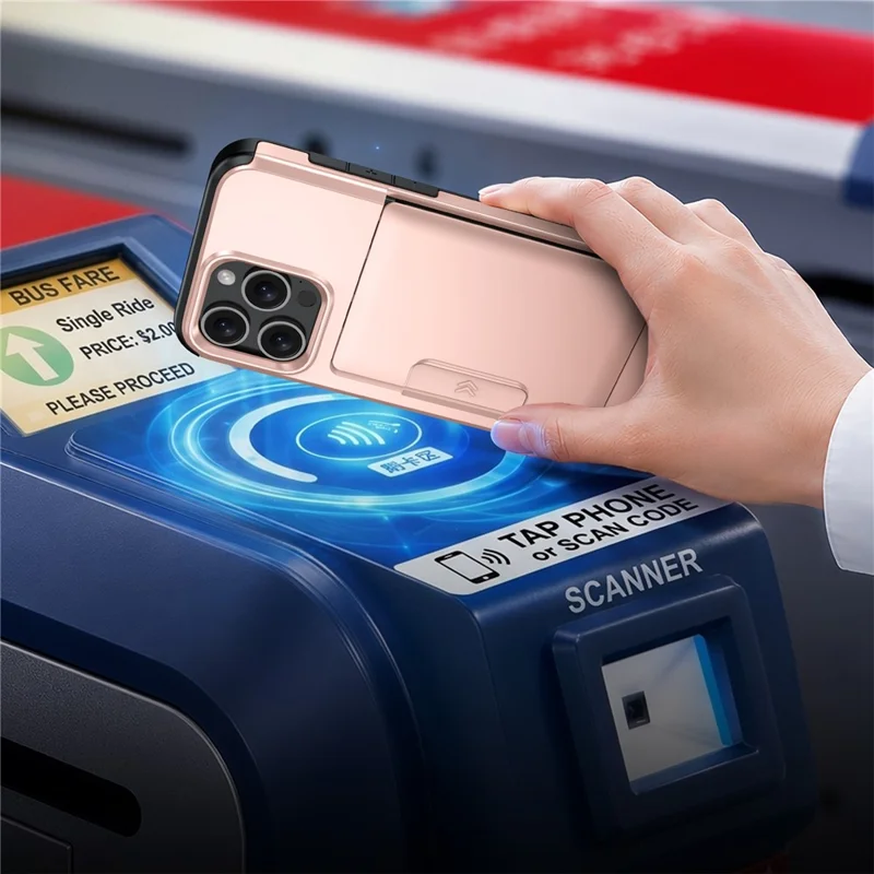 For iPhone 15 Pro Max Case Slide Card Holder Military Drop Protection PC + TPU Phone Cover - Rose Gold