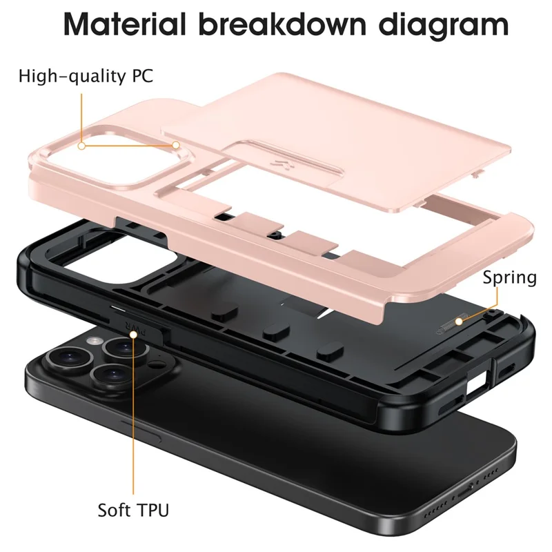 For iPhone 15 Pro Max Case Slide Card Holder Military Drop Protection PC + TPU Phone Cover - Rose Gold