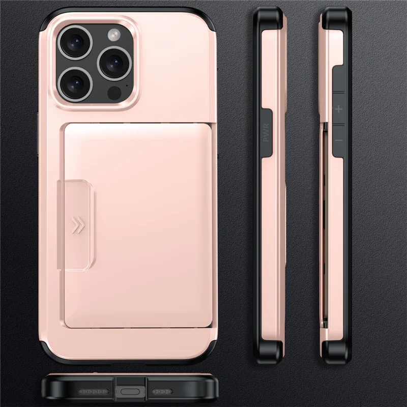 For iPhone 15 Pro Max Case Slide Card Holder Military Drop Protection PC + TPU Phone Cover - Rose Gold