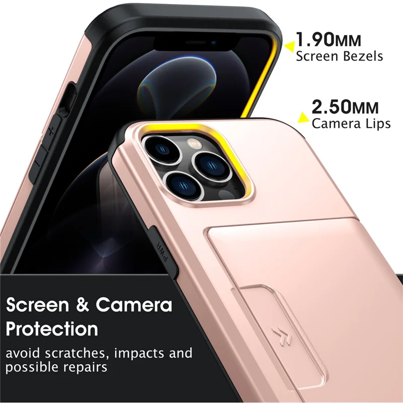 For iPhone 14 Pro Case Slide Card Holder Military Drop Protection PC + TPU Phone Cover - Rose Gold