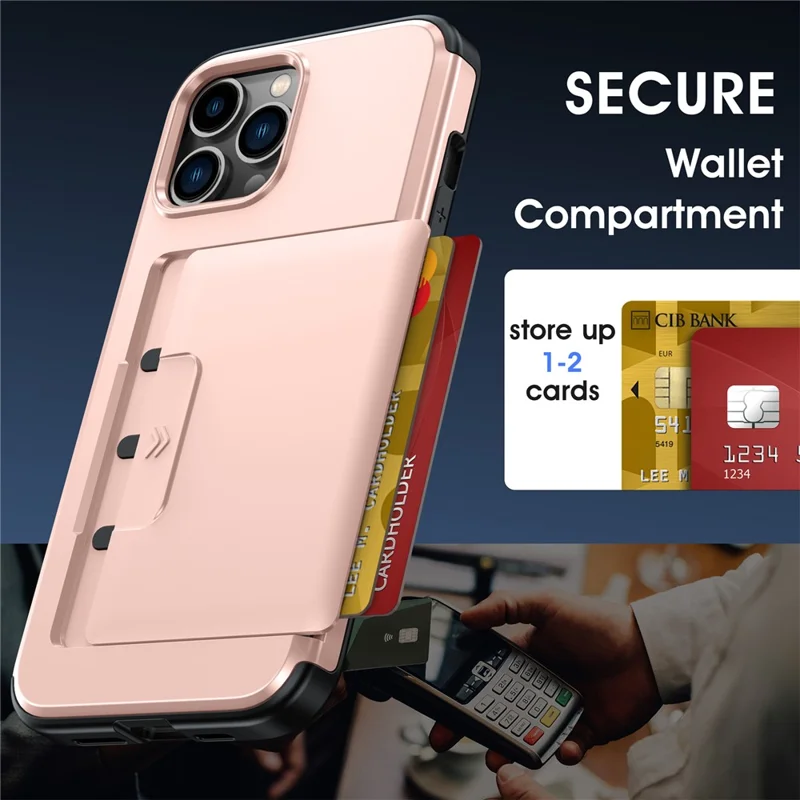For iPhone 14 Pro Case Slide Card Holder Military Drop Protection PC + TPU Phone Cover - Rose Gold
