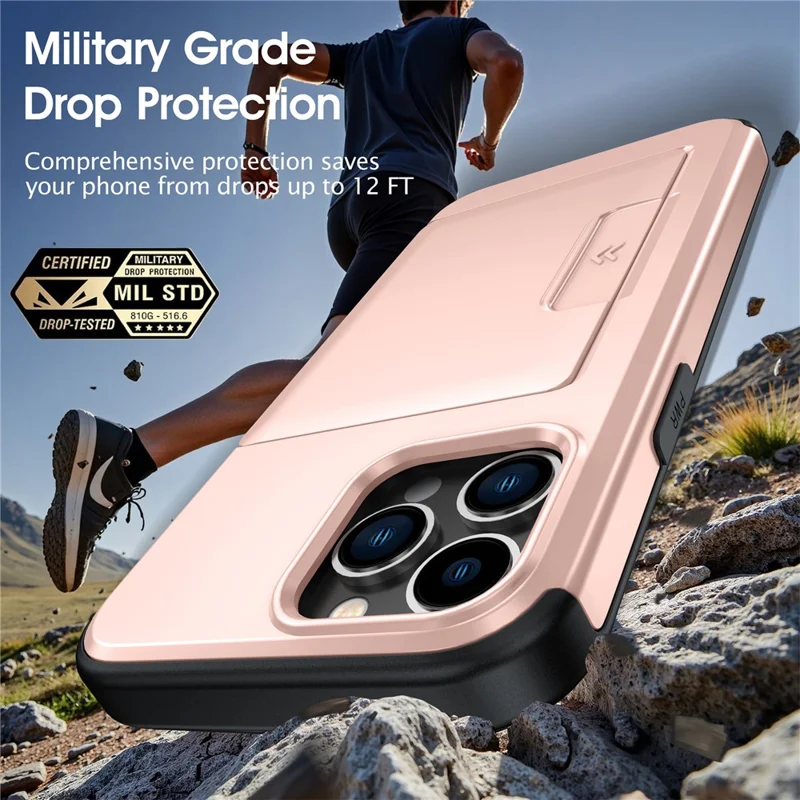 For iPhone 14 Pro Case Slide Card Holder Military Drop Protection PC + TPU Phone Cover - Rose Gold