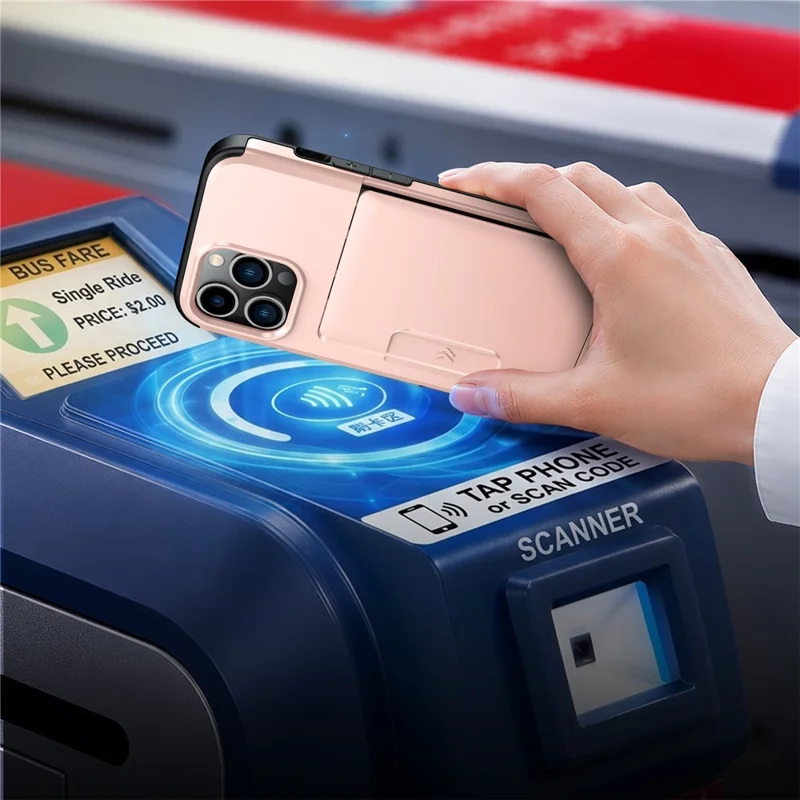 For iPhone 14 Pro Case Slide Card Holder Military Drop Protection PC + TPU Phone Cover - Rose Gold