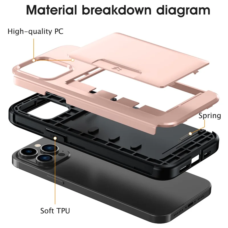 For iPhone 14 Pro Case Slide Card Holder Military Drop Protection PC + TPU Phone Cover - Rose Gold