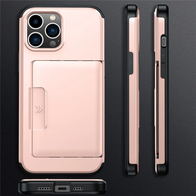 For iPhone 14 Pro Case Slide Card Holder Military Drop Protection PC + TPU Phone Cover - Rose Gold