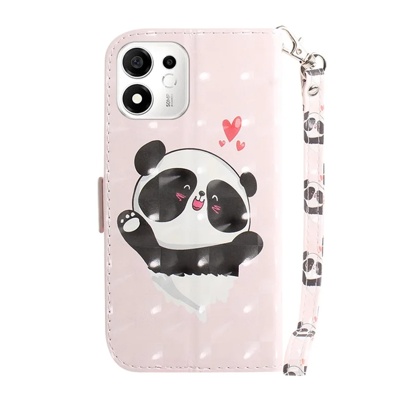 For Honor 600 Smart 5G  /  X7e Plus 5G Case Pattern Printing Leather Wallet Phone Cover with Wrist Strap - Love Heart Panda