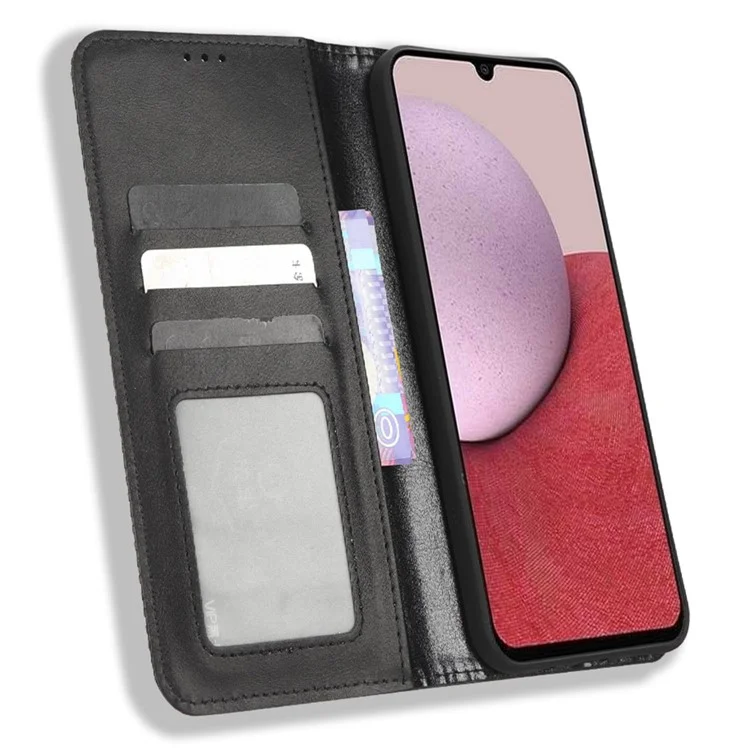Para Samsung Galaxy A14 5G / A14 4G Retro Texture Imprinted Pattern Phone Case PU Leather Magnetic Auto-absorbed Cover with Stand Wallet - Black