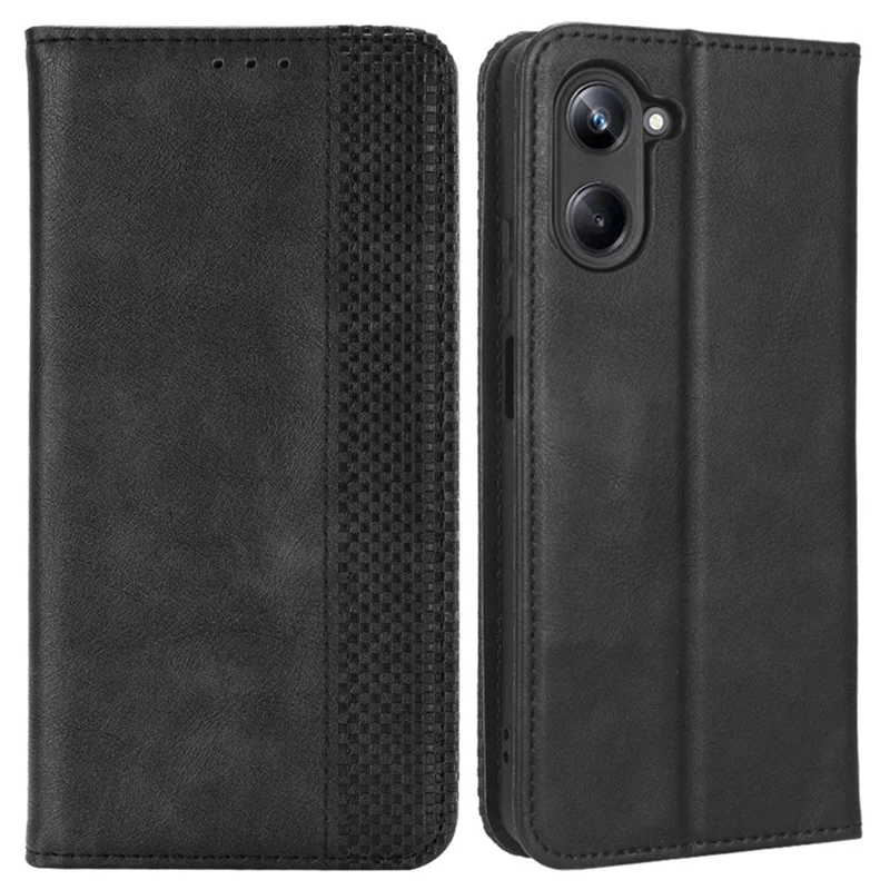 Phone Case Wallet for Realme 10 4G, Imprinted Pattern PU Leather Retro Texture Magnetic Auto Closing Phone Shell Protector - Black
