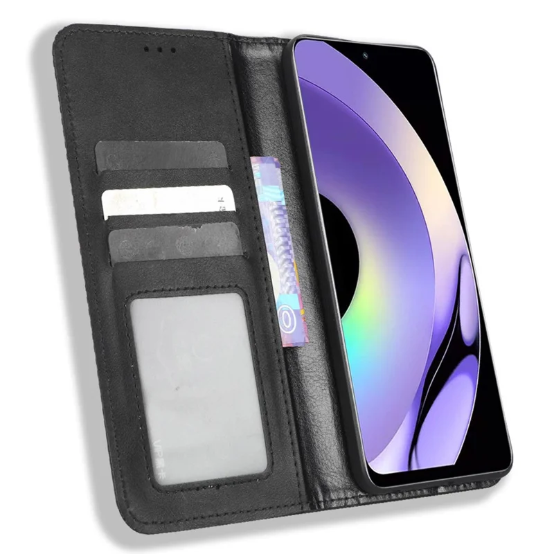 Phone Case Wallet for Realme 10 4G, Imprinted Pattern PU Leather Retro Texture Magnetic Auto Closing Phone Shell Protector - Black