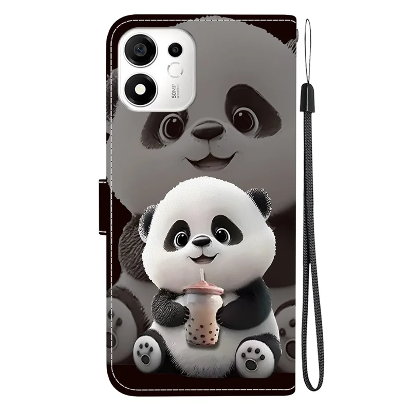 For Honor 600 Smart 5G  /  X7e Plus 5G Leather Case Stand Wallet Pattern Printing Phone Cover with Wrist Strap - Milk Tea Panda