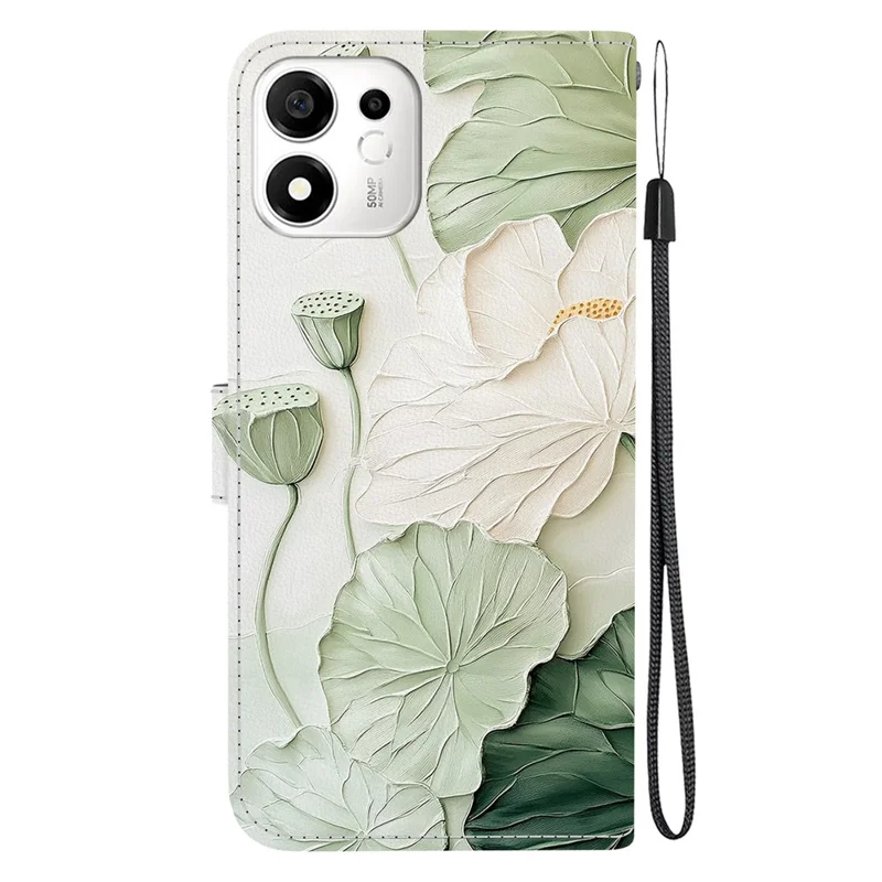 For Honor 600 Smart 5G  /  X7e Plus 5G Wallet Case Pattern Printing Leather Stand Phone Cover with Strap - Lotus