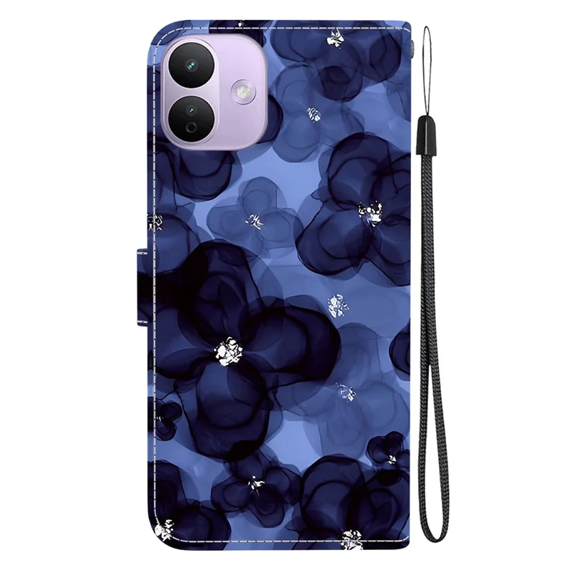 Cover portafoglio in pelle con stampa motivo per Xiaomi Redmi Note 17 Pro 5G, custodia con supporto e tracolla - Fiore blu inchiostro