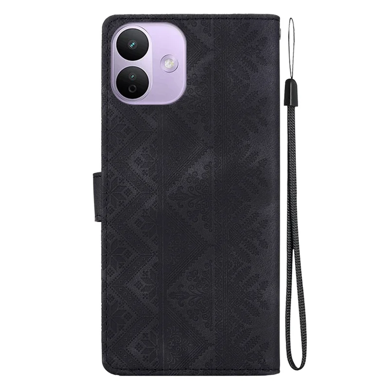 For Xiaomi Redmi Note 17 4G (Global) / Note 17 5G (Global) / Note 17 (India / China) 5G  Wallet Case Imprinted Ethnic Pattern Leather Phone Cover with Wrist Strap - Black