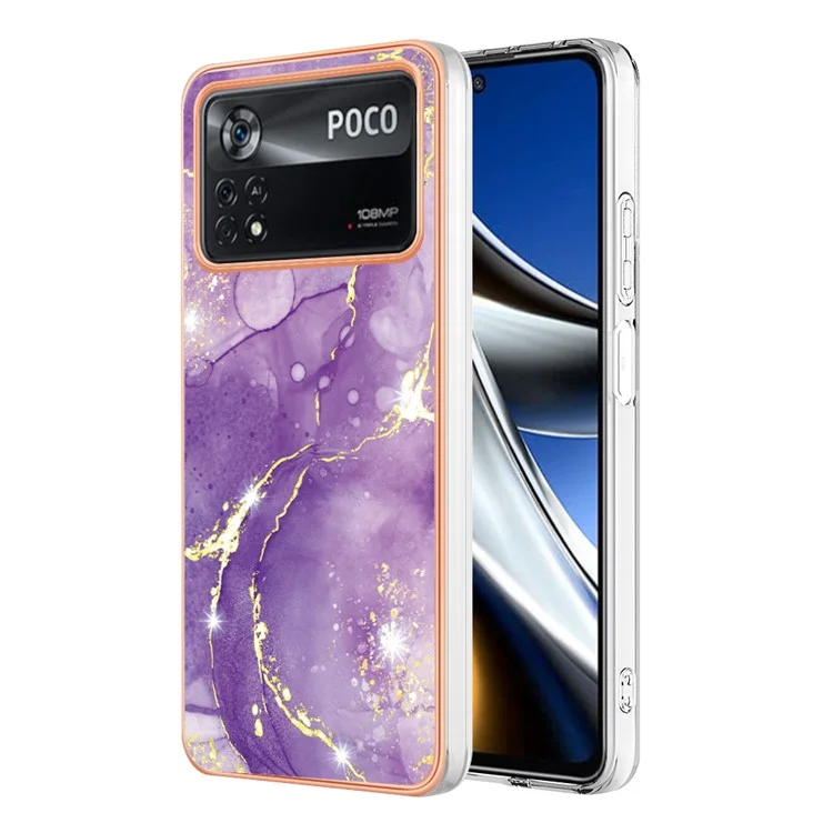 Per Xiaomi Poco M4 Pro 5G YB IMD Series-2 Modello di Marmo Anti-scratch Shock Telefon Case Soft TPU IMD Coperchio Elettroplante - Purple 002