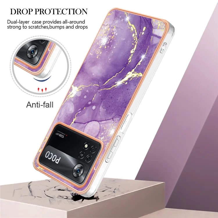 Per Xiaomi Poco M4 Pro 5G YB IMD Series-2 Modello di Marmo Anti-scratch Shock Telefon Case Soft TPU IMD Coperchio Elettroplante - Purple 002