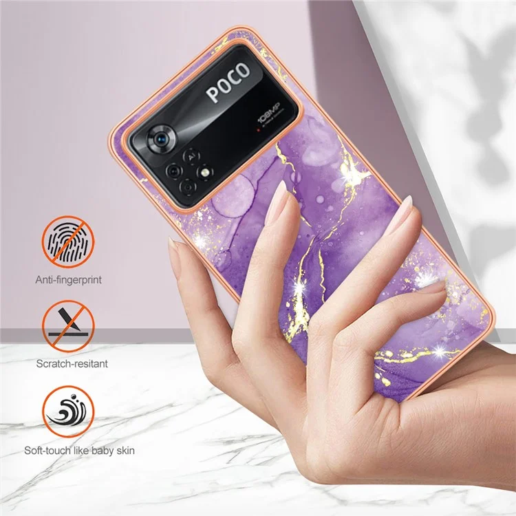 Per Xiaomi Poco M4 Pro 5G YB IMD Series-2 Modello di Marmo Anti-scratch Shock Telefon Case Soft TPU IMD Coperchio Elettroplante - Purple 002