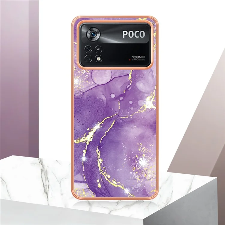 Per Xiaomi Poco M4 Pro 5G YB IMD Series-2 Modello di Marmo Anti-scratch Shock Telefon Case Soft TPU IMD Coperchio Elettroplante - Purple 002